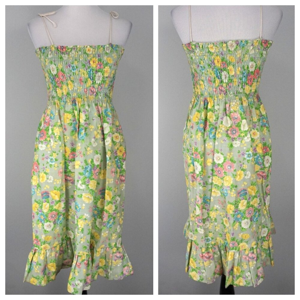 Vintage Pleated Accordion Top Green Yellow White Floral Spring Summer Dress S M
